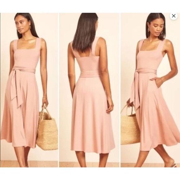 Reformation Helina light dust pink midi toe waist belted dress size XS - Picture 2 of 5